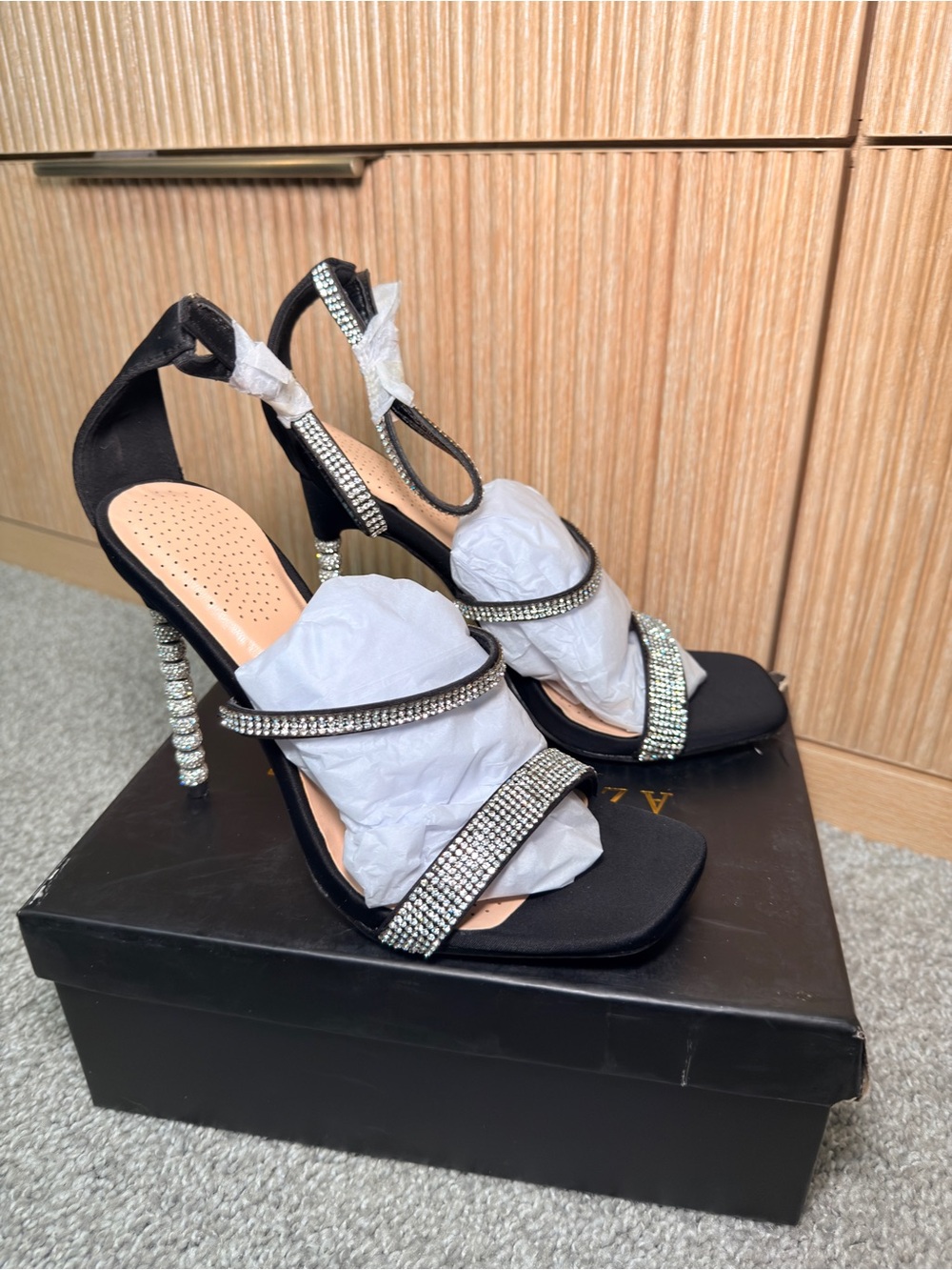 AKIRA Black Rhinestone-Strap Women's Heeled Sandals